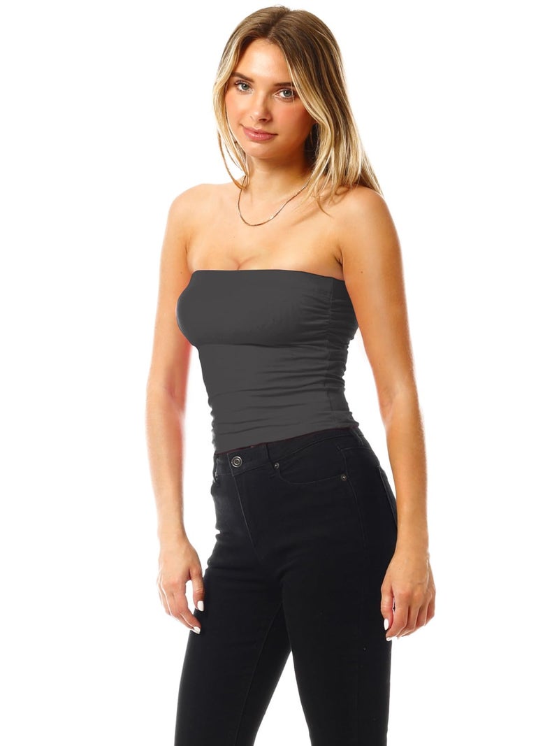 MixMatchy Women's Solid Casual Summer Side Shirring Scrunched Double Layered Tube Top 3PACK - Black/Charcoal/White L - Image 3
